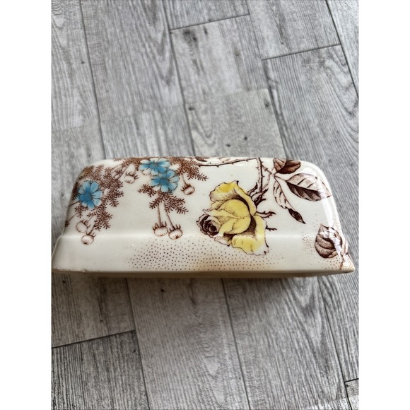 vintage Nasco Rose Arbor Brown Floral Transferware Covered Butter Dish 7 1/4" - Picture 6 of 8